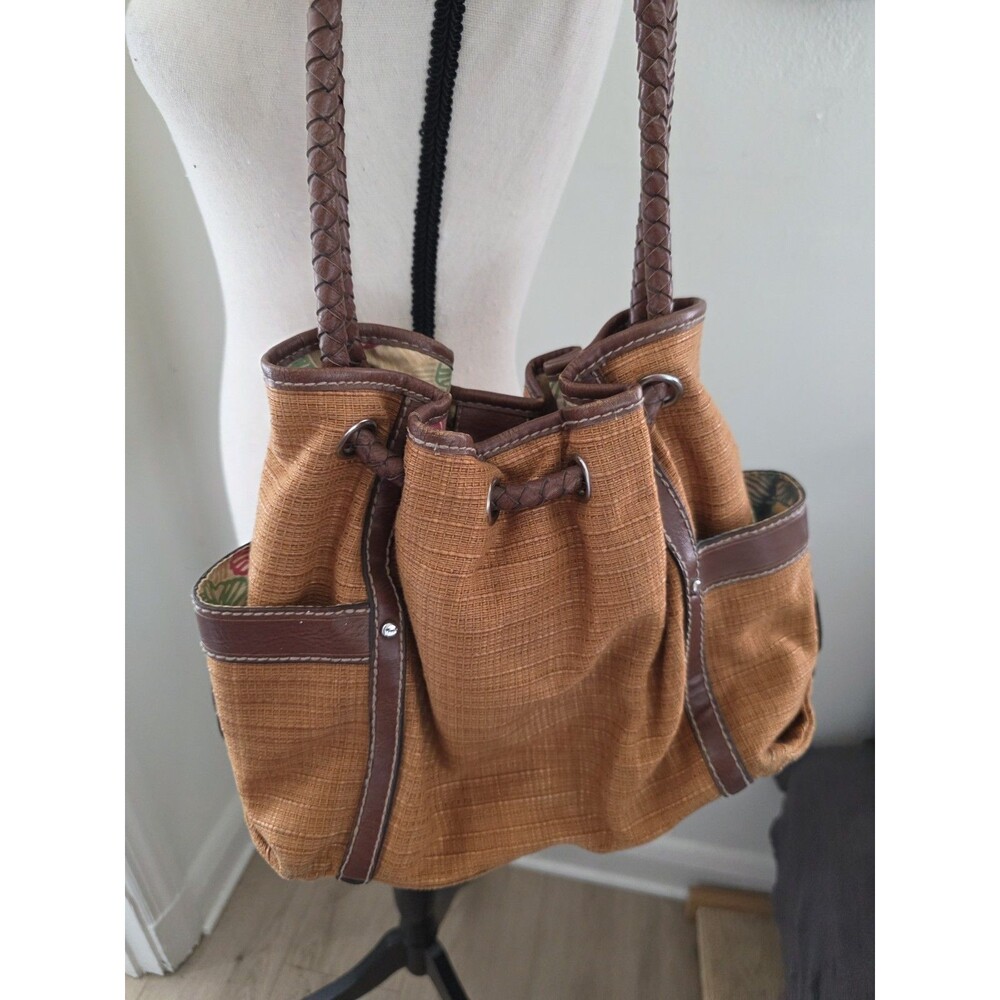 Awesome Fossil WovenStrawBag Rust Leather Trim Boho Fall Tote Purse HangKey VguC
